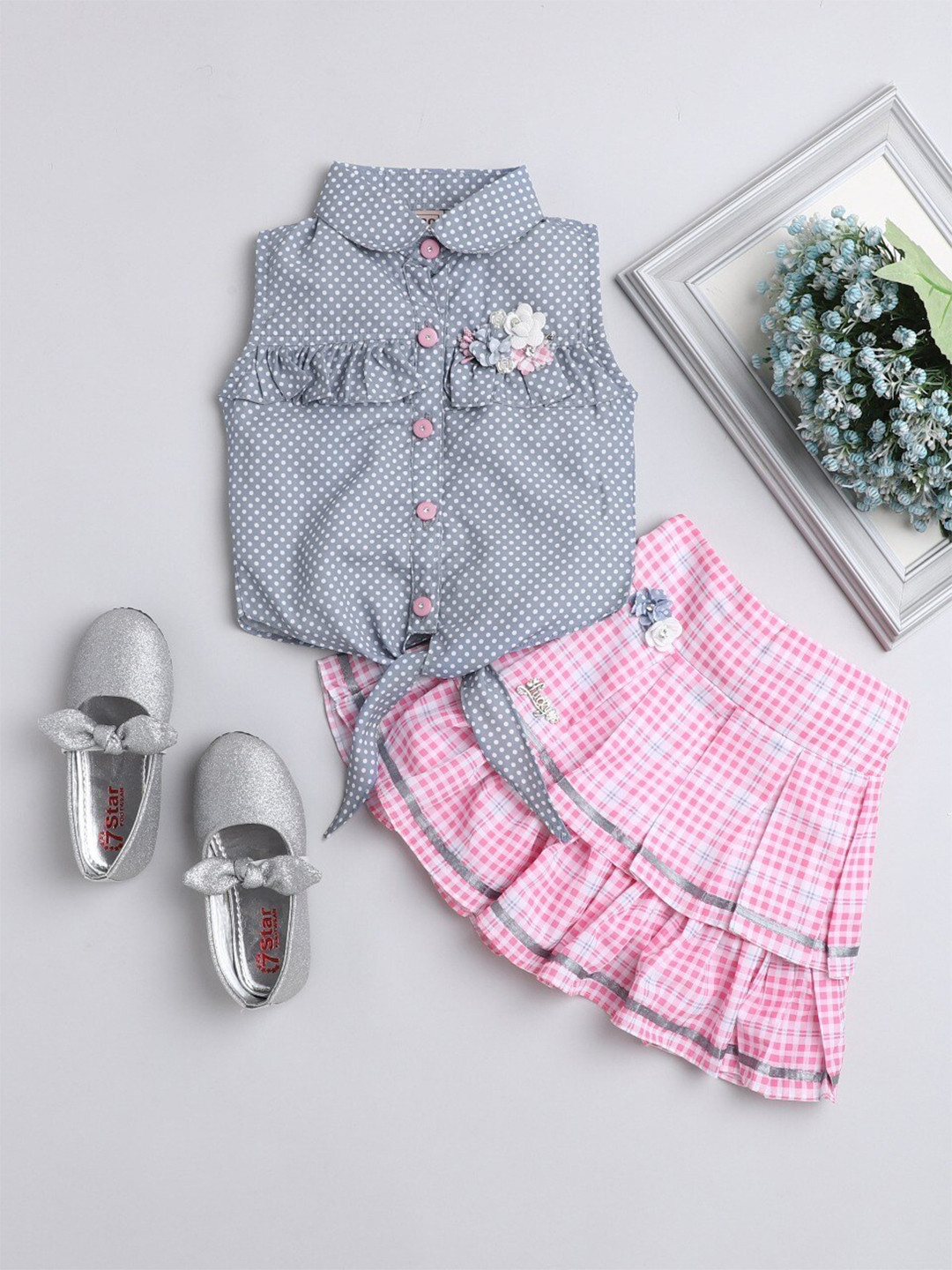 

The Magic Wand Girls Pink & White Printed Top with Skirt