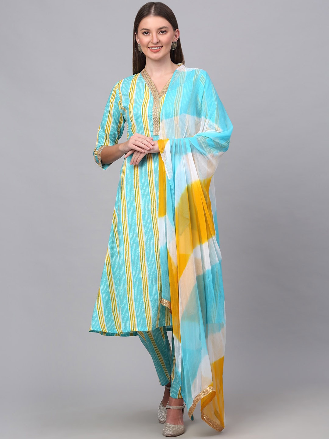 

Kamayra Women Turquoise Blue Printed Pure Cotton Kurta with Trousers & With Dupatta