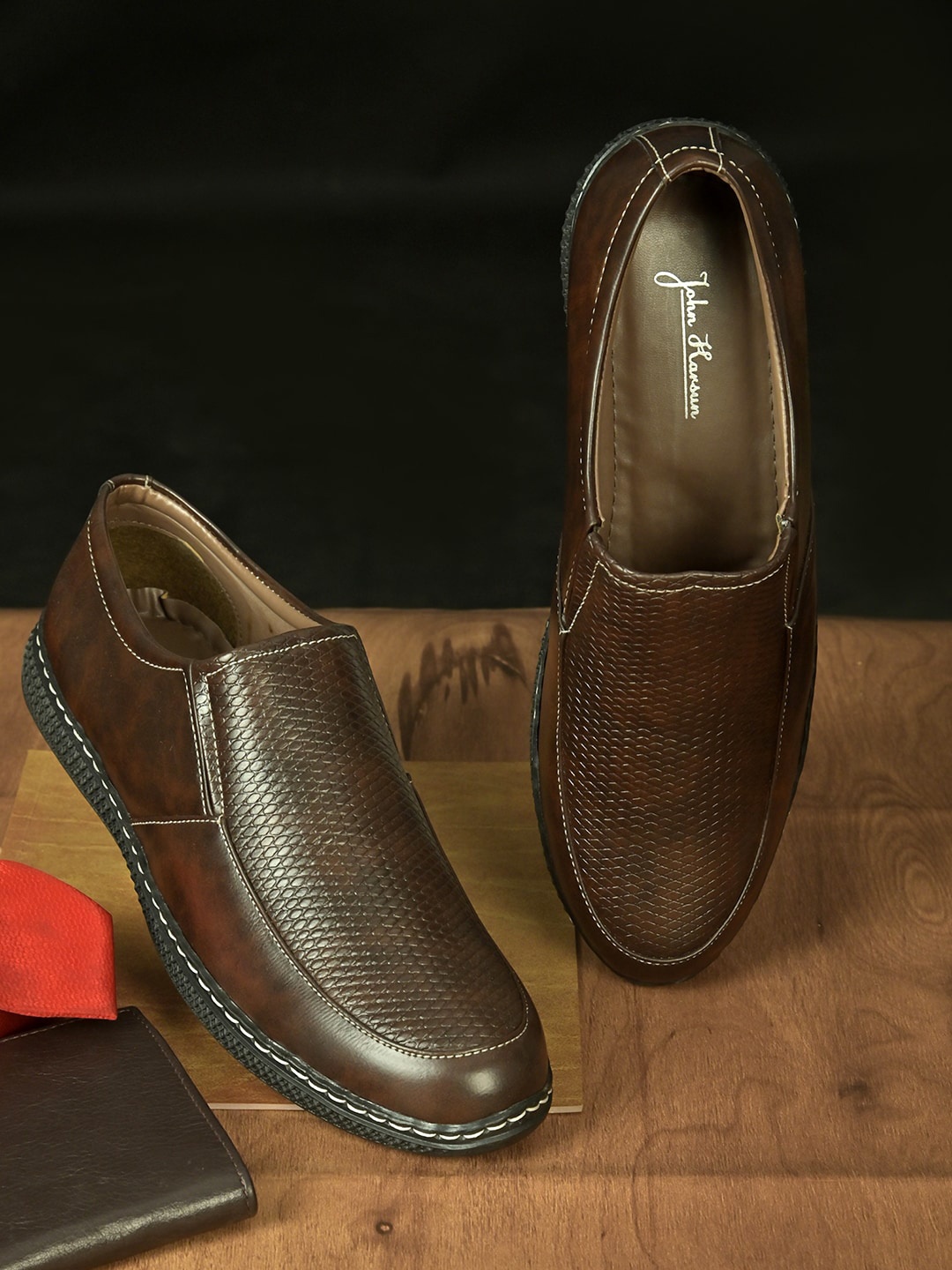 

John Karsun Men Brown Textured Formal Slip on Shoes