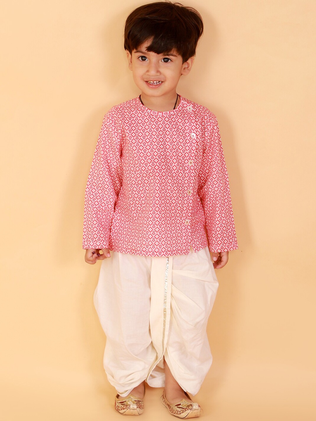 

LIL DRAMA Boys Pink Ethnic Motifs Printed Pure Cotton Kurta with Dhoti Pants