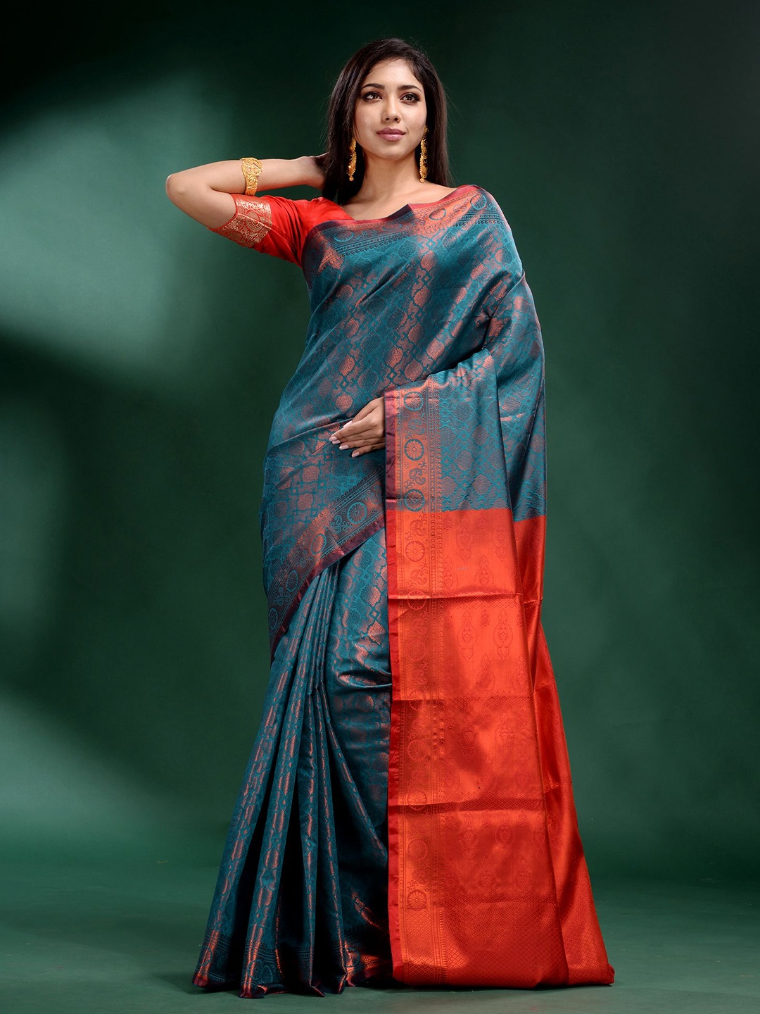 

Charukriti Green & Red Woven Design Zari Silk Blend Saree