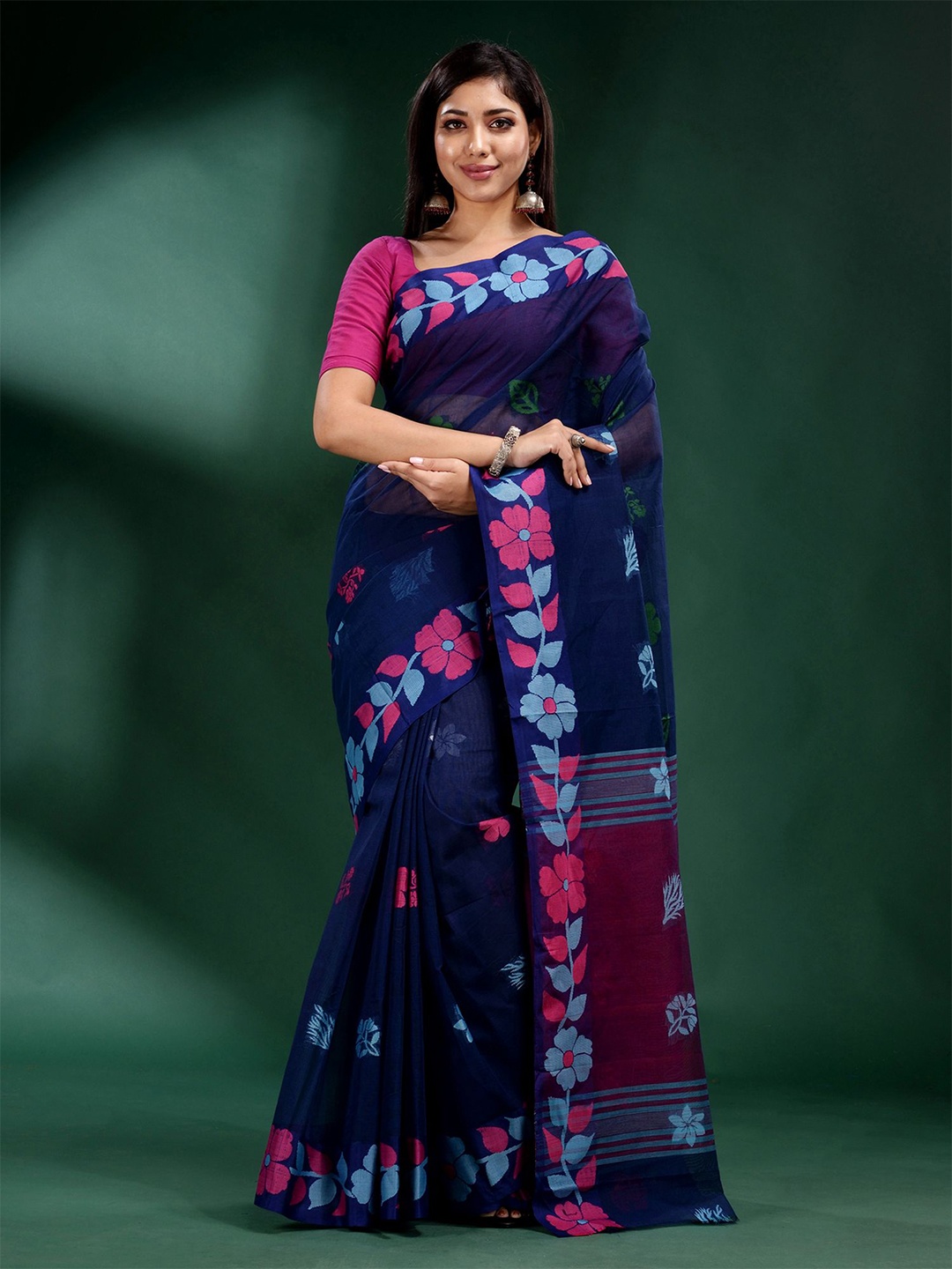 

Charukriti Blue & Pink Floral Zari Pure Cotton Saree