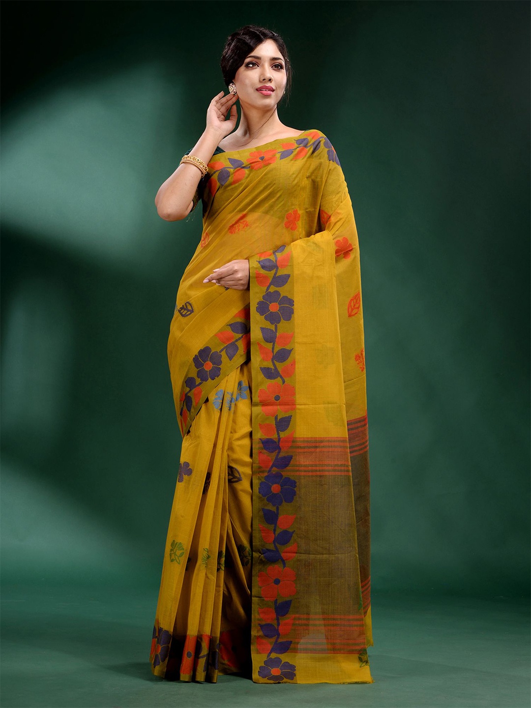 

Charukriti Yellow & Orange Floral Zari Pure Cotton Saree