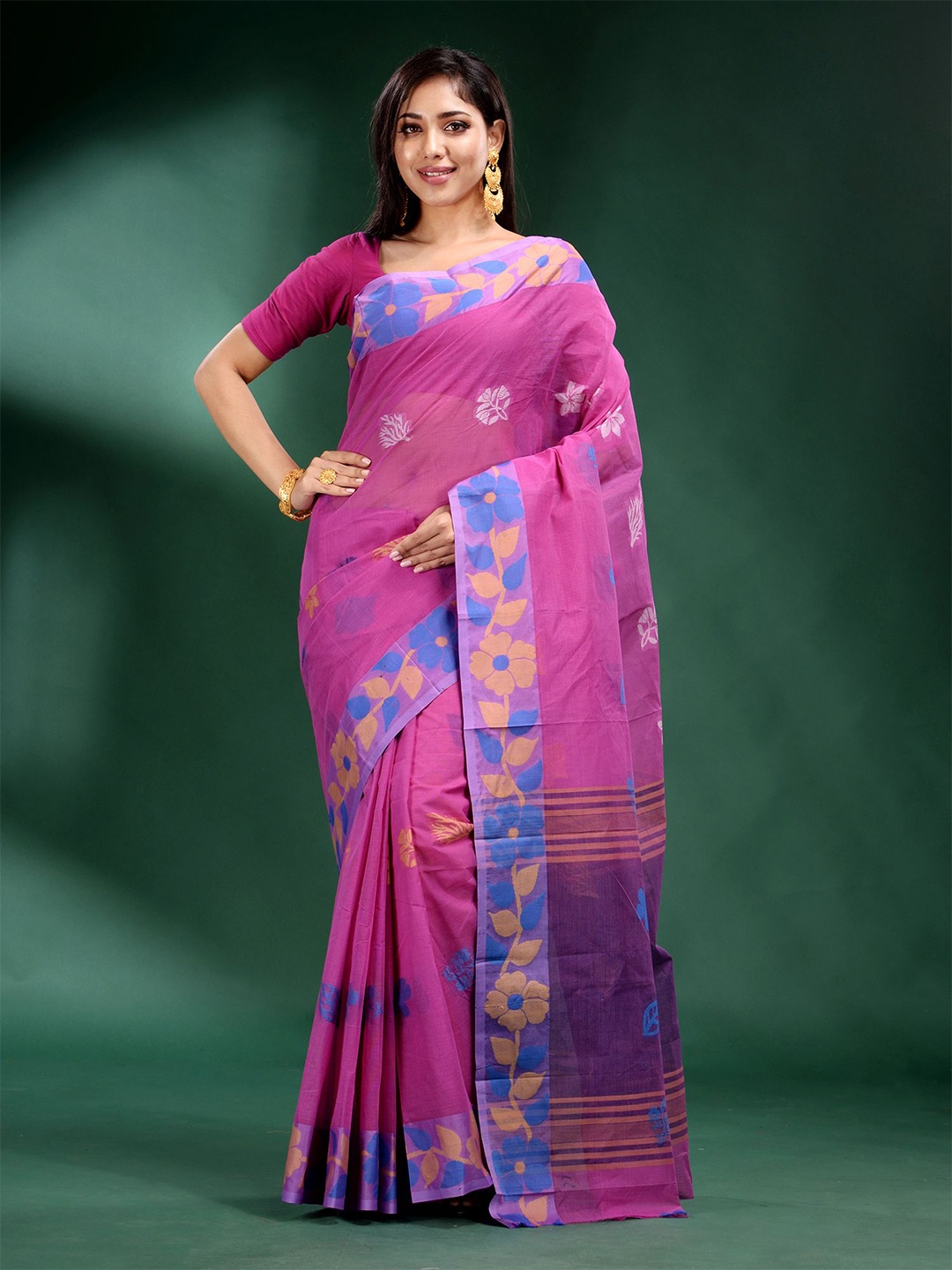 

Charukriti Pink & Blue Floral Printed Zari Pure Cotton Saree