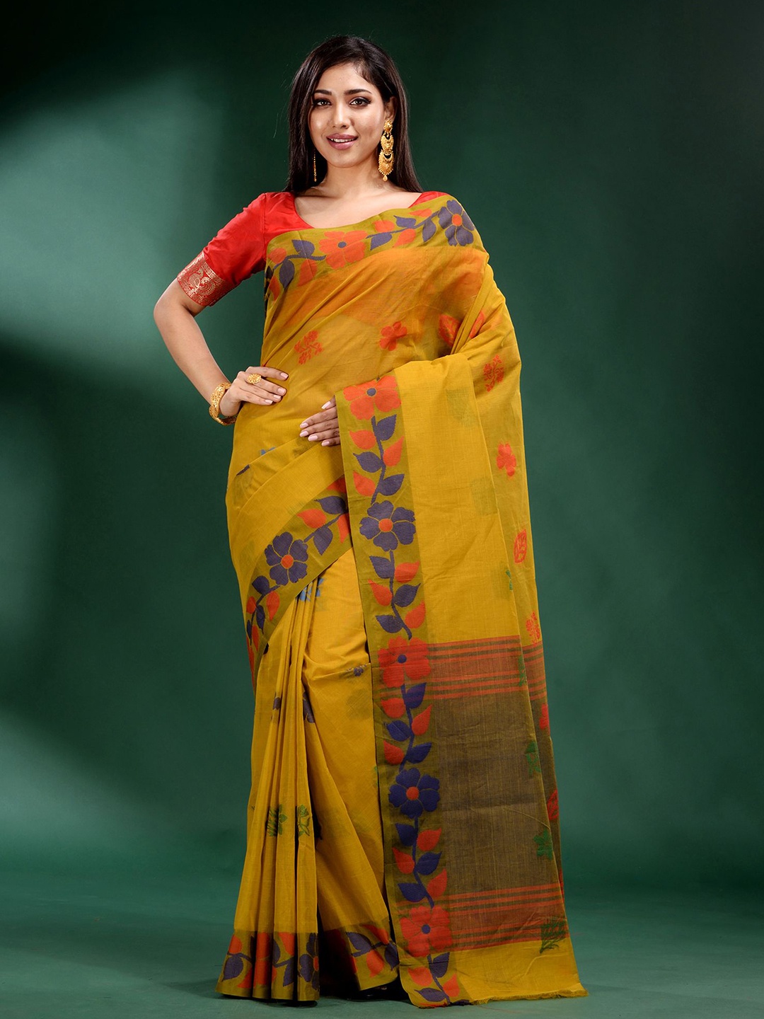 

Charukriti Yellow & Orange Floral Zari Pure Cotton Saree