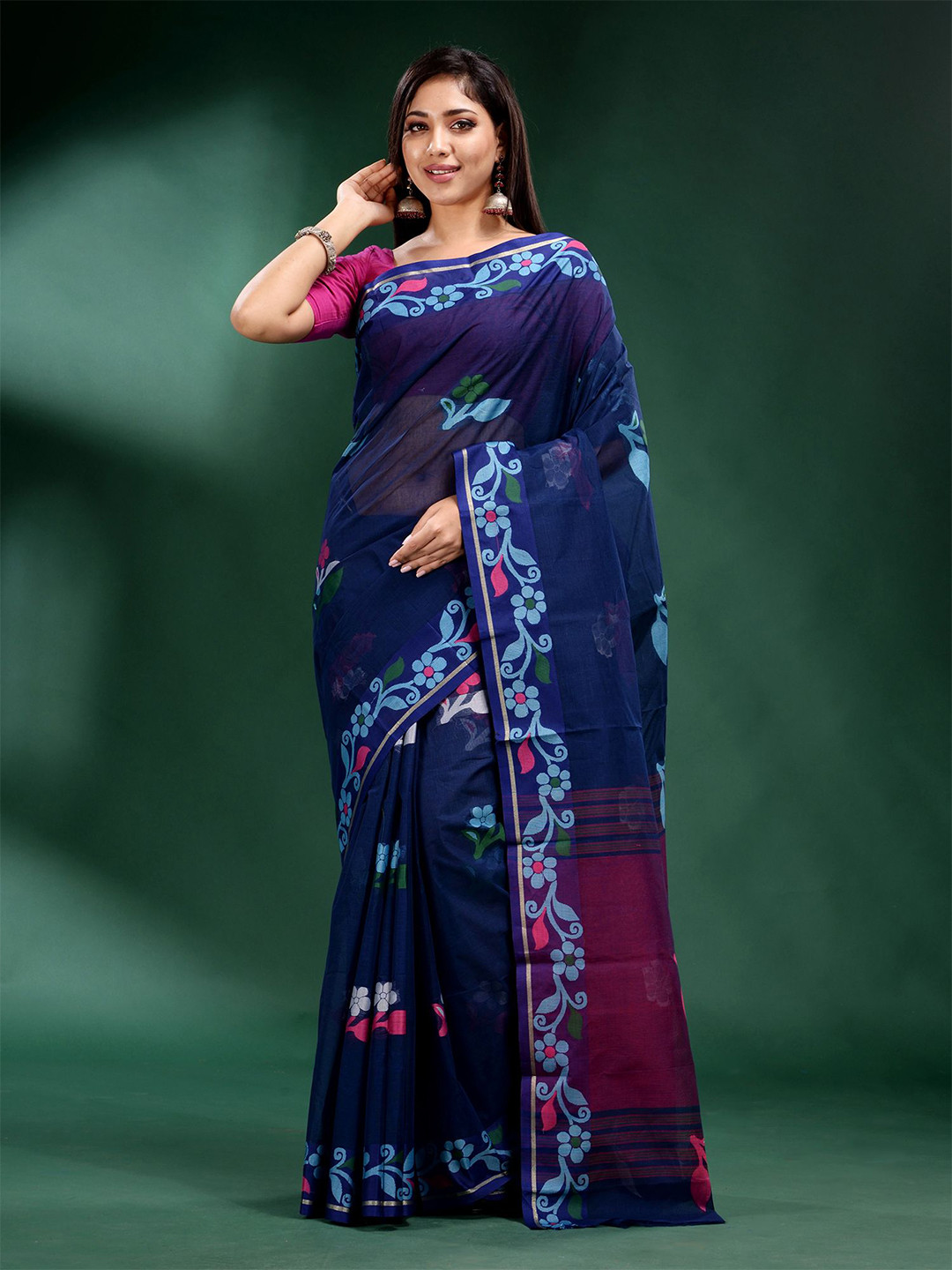 

Charukriti Blue & Pink Woven Design Zari Pure Cotton Saree