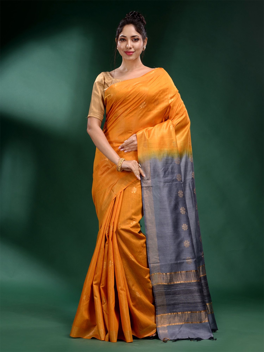 

Charukriti Yellow & Grey Woven Design Zari Tussar Silk Saree