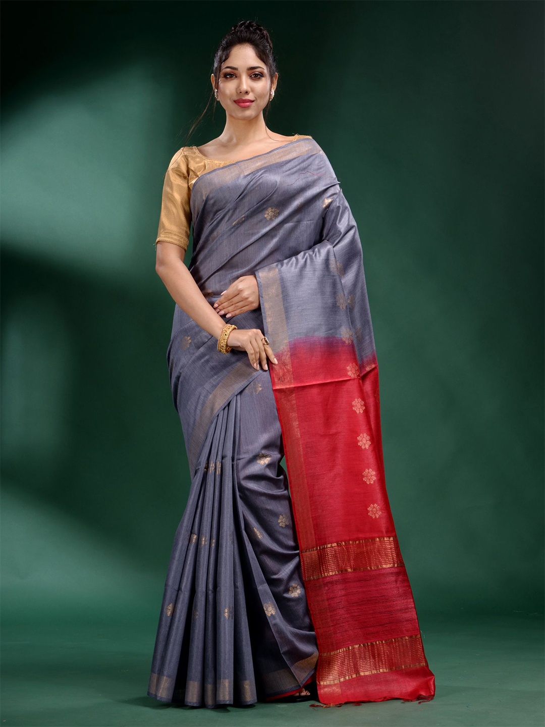 

Charukriti Grey & Red Woven Design Zari Tussar Silk Saree