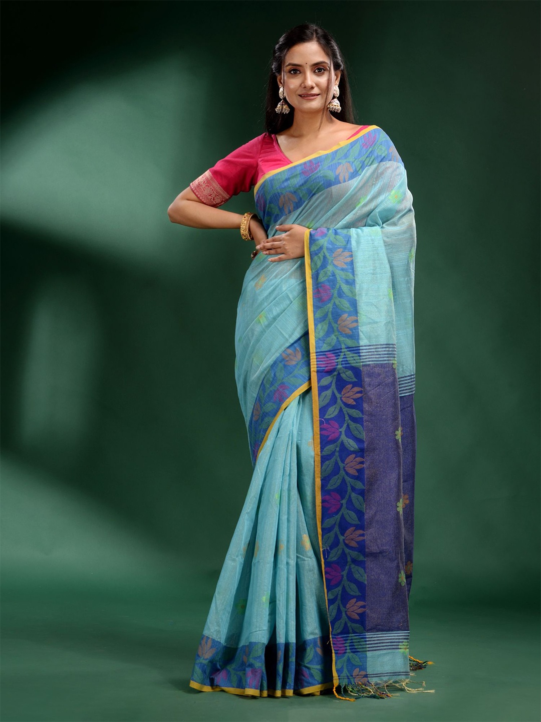 

Charukriti Blue & Green Woven Design Tissue Saree