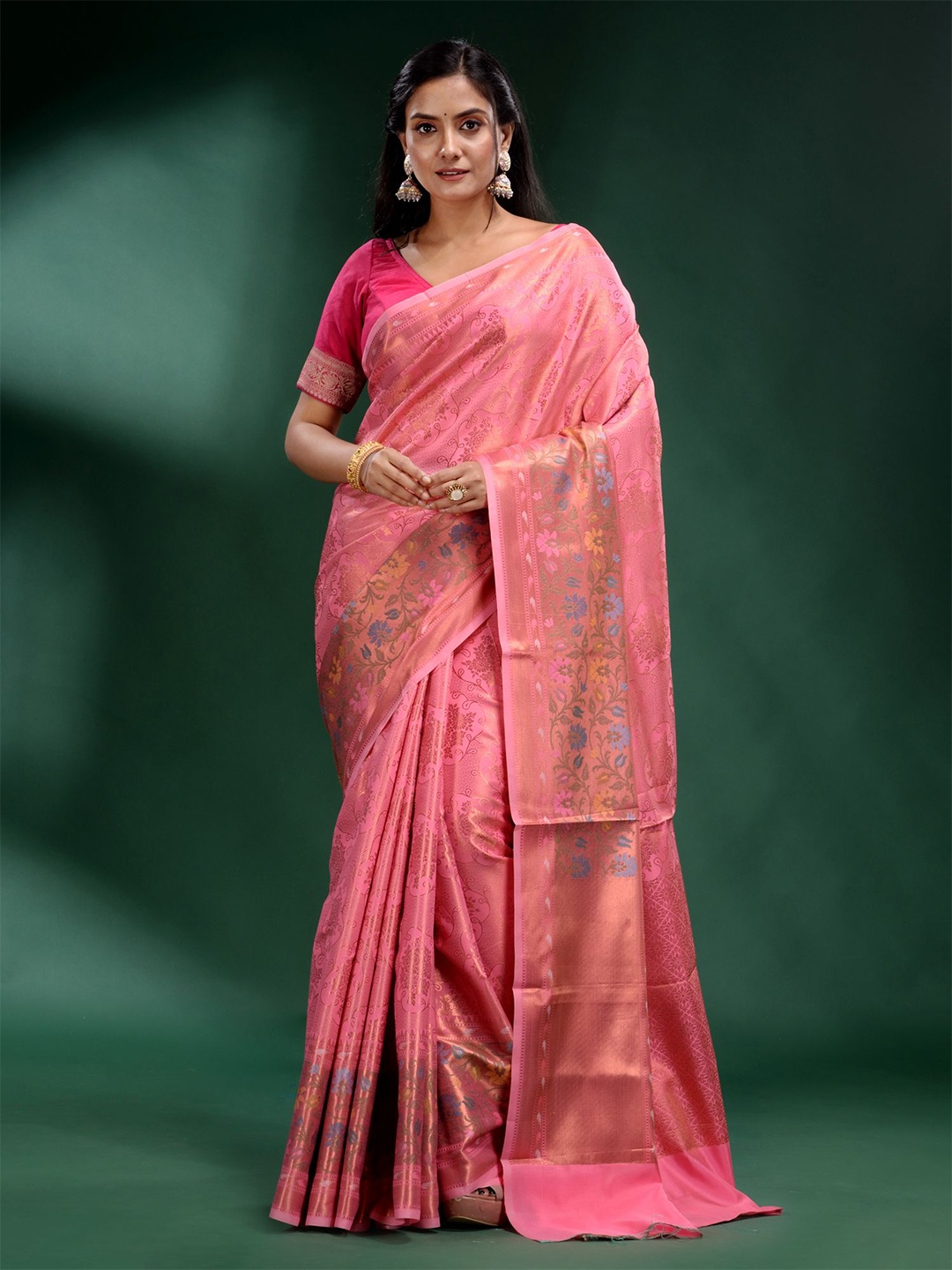 

Charukriti Pink & Blue Woven Design Zari Silk Blend Saree