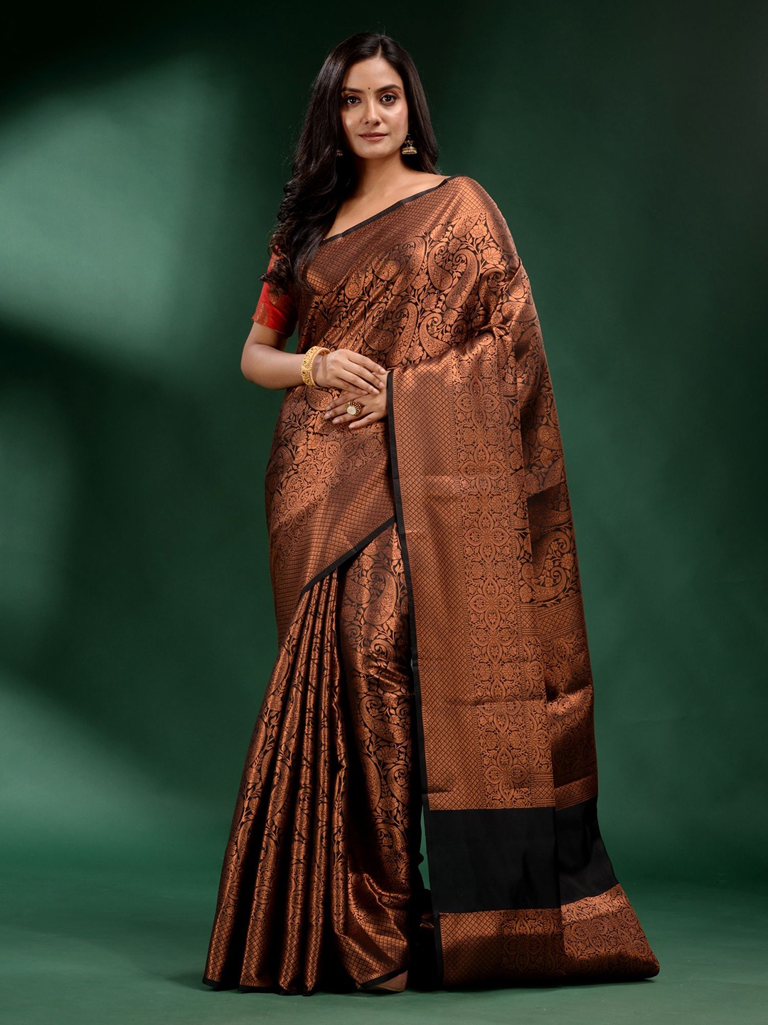 

Charukriti Black & Copper Woven Design Zari Pure Silk Saree