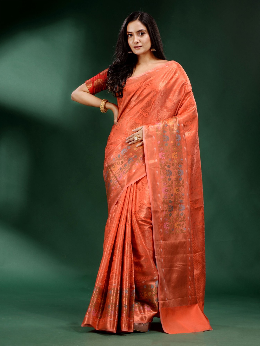 

Charukriti Orange & Gold Woven Design Zari Pure Silk Saree