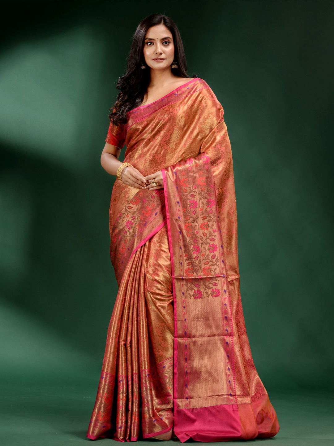 

Charukriti Peach-Coloured & Pink Woven Design Zari Pure Silk Saree