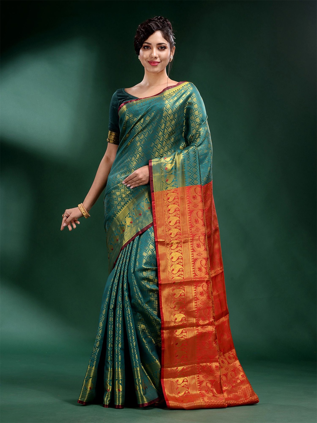 

Charukriti Green & Red Woven Design Zari Pure Silk Saree