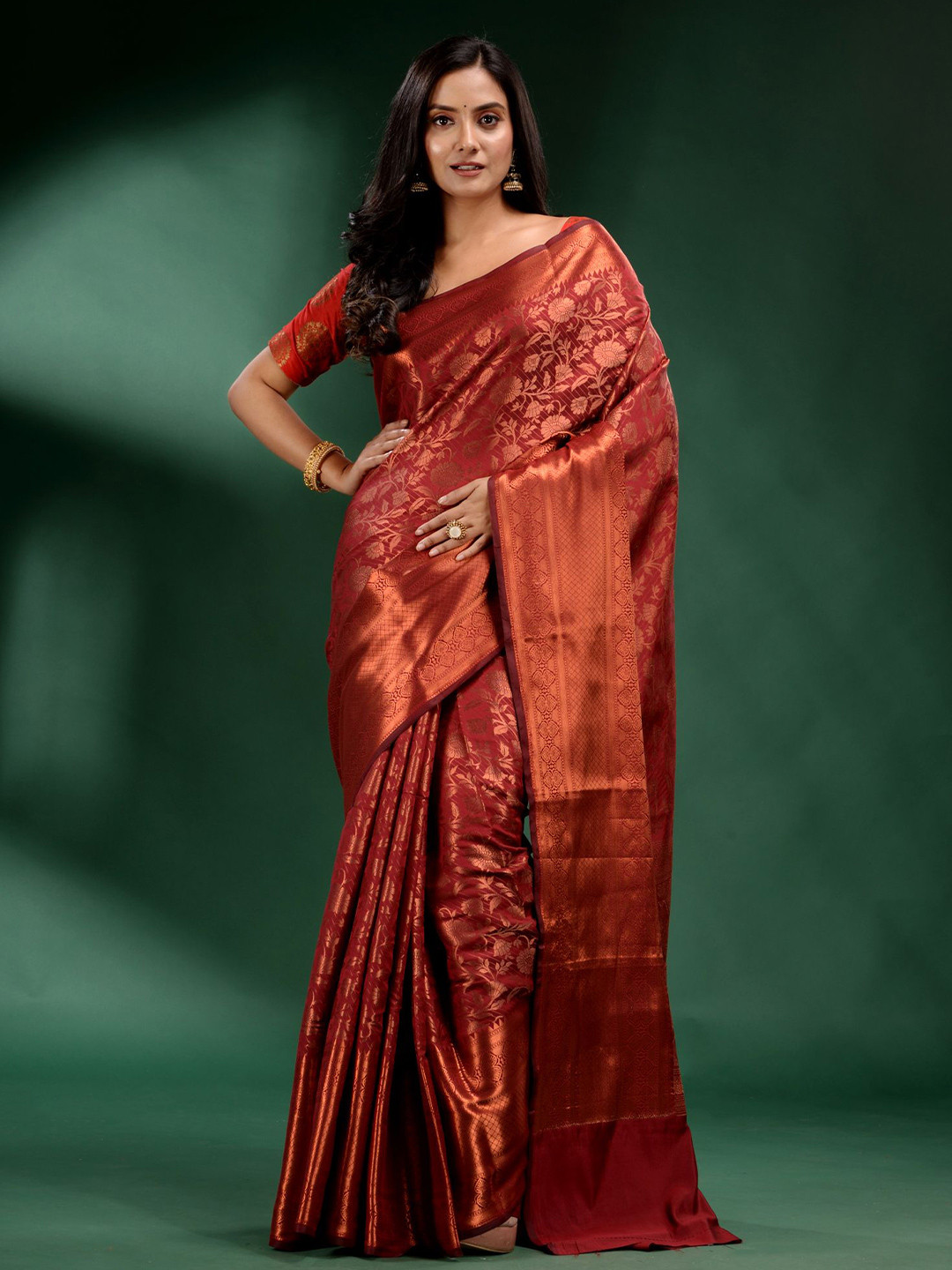 

Charukriti Brown & Gold Woven Design Zari Pure Silk Saree