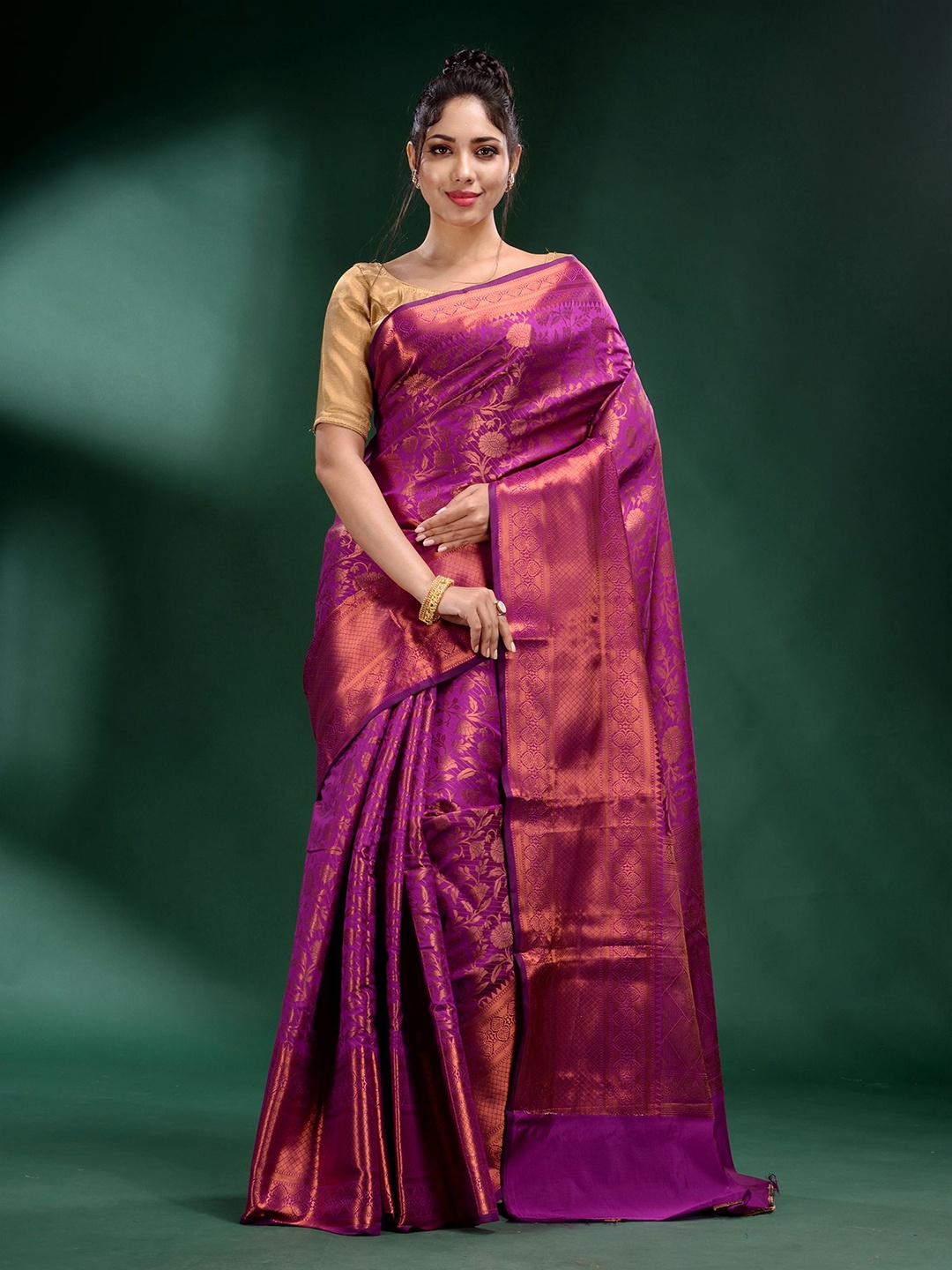 

Charukriti Magenta & Copper Woven Design Zari Pure Silk Saree