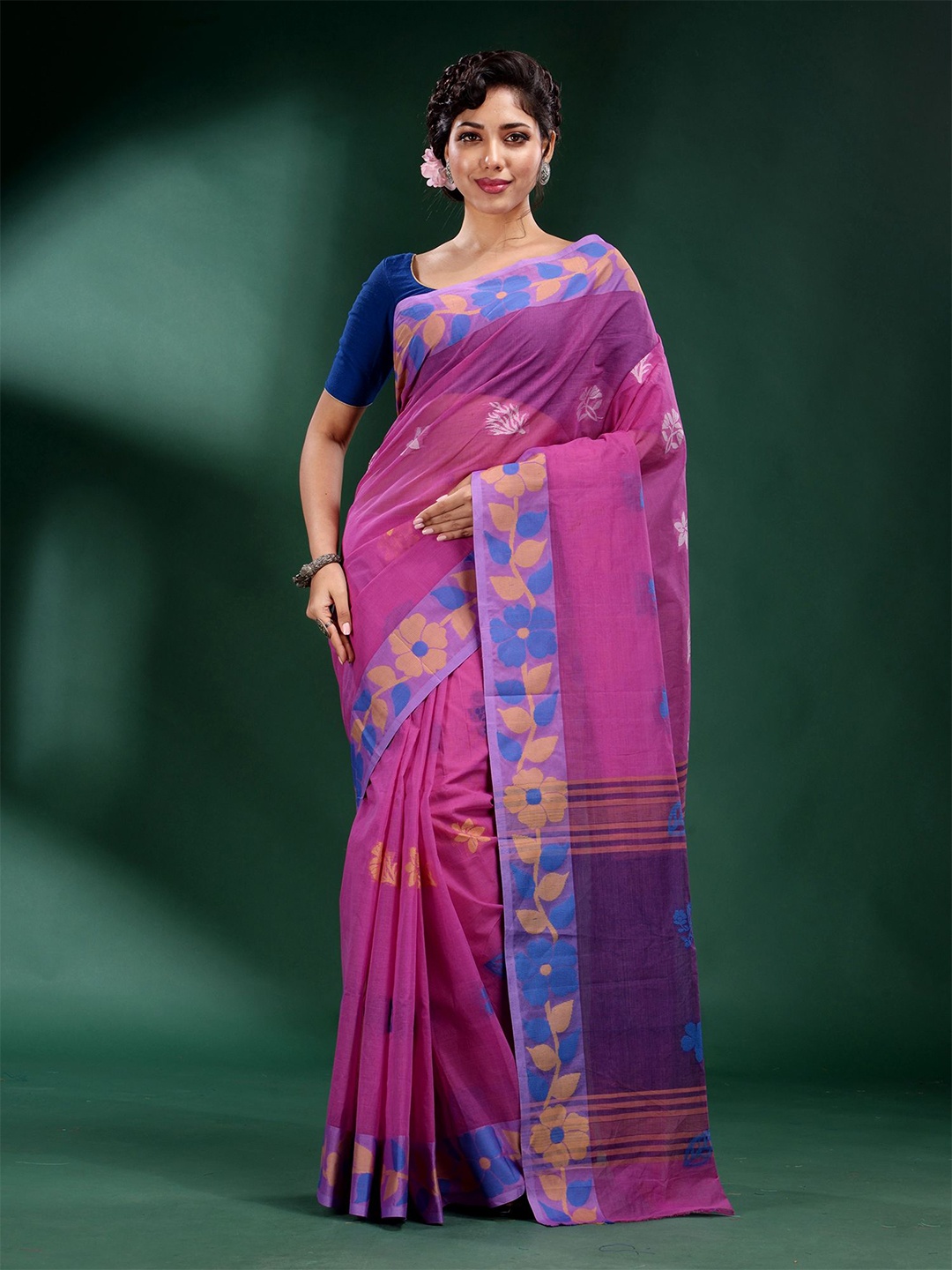 

Charukriti Pink & Blue Floral Pure Cotton Saree