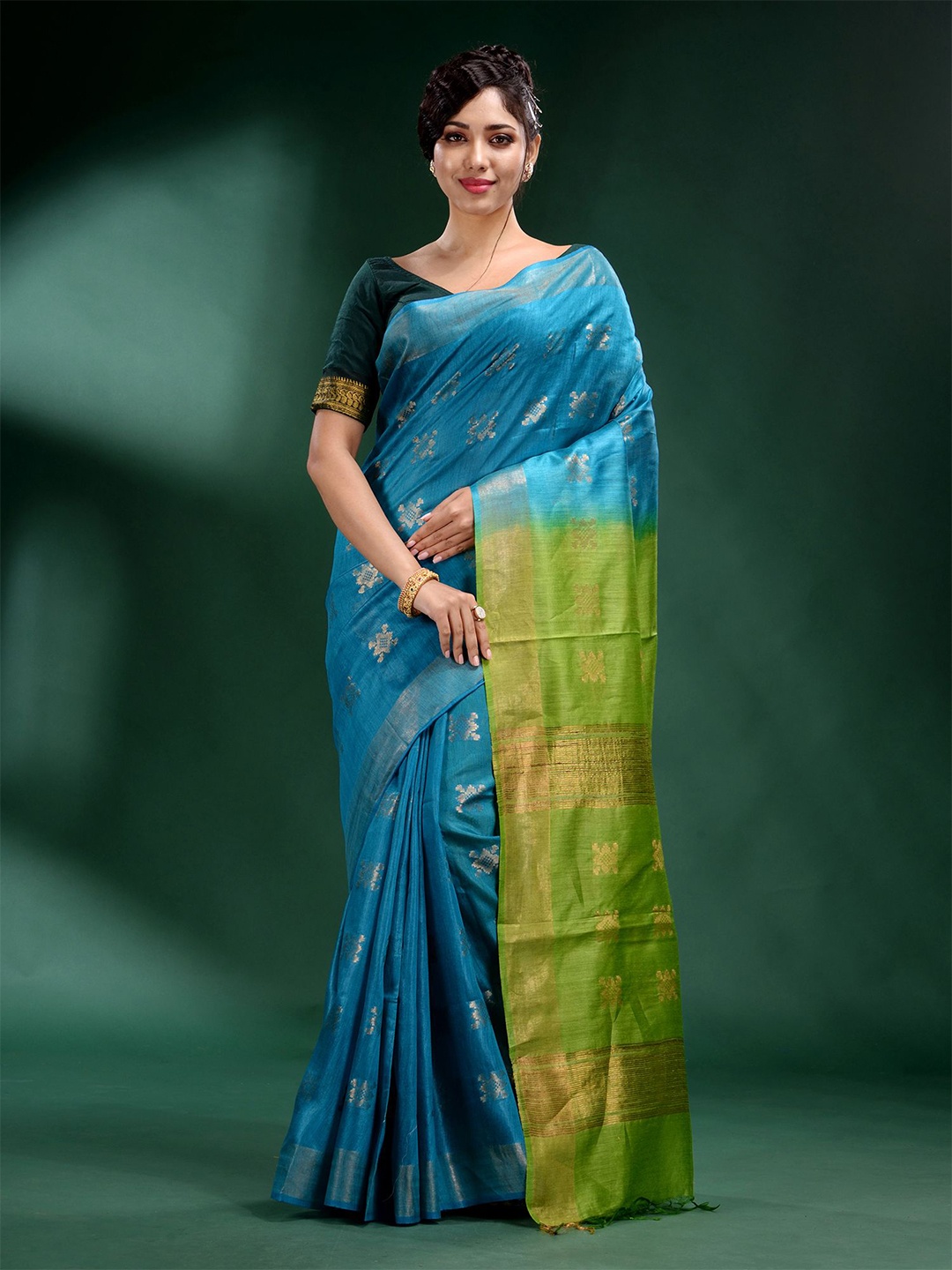 

Charukriti Blue & Green Woven Design Zari Pure Silk Tussar Saree