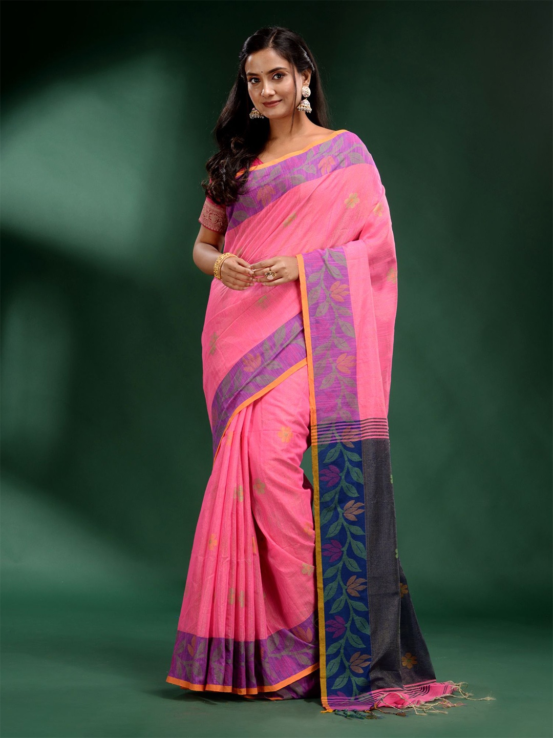 

Charukriti Pink & Purple Floral Printed Zari Tissue Saree