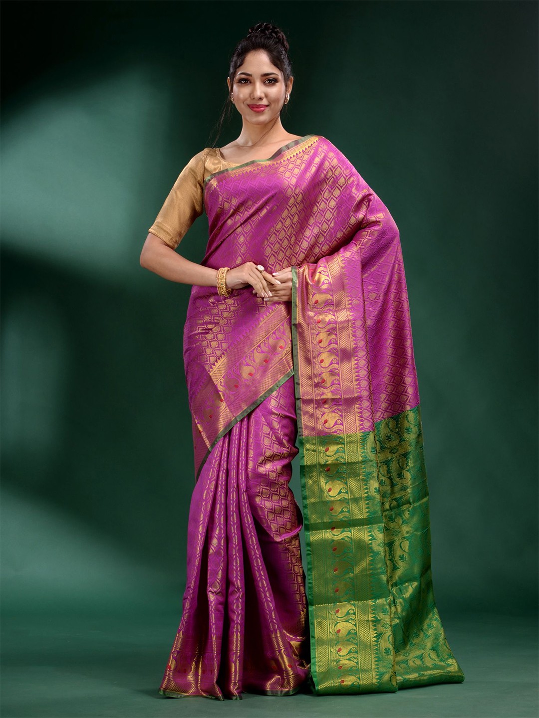 

Charukriti Purple & Green Woven Design Zari Pure Silk Saree