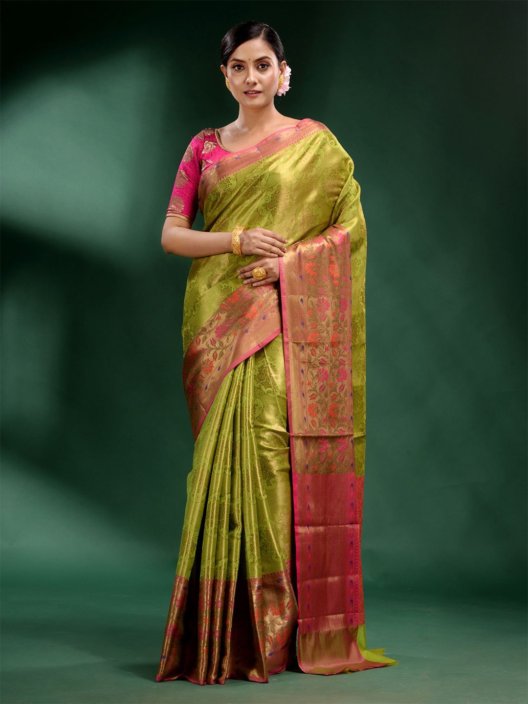 

Charukriti Green & Pink Woven Design Zari Pure Silk Saree