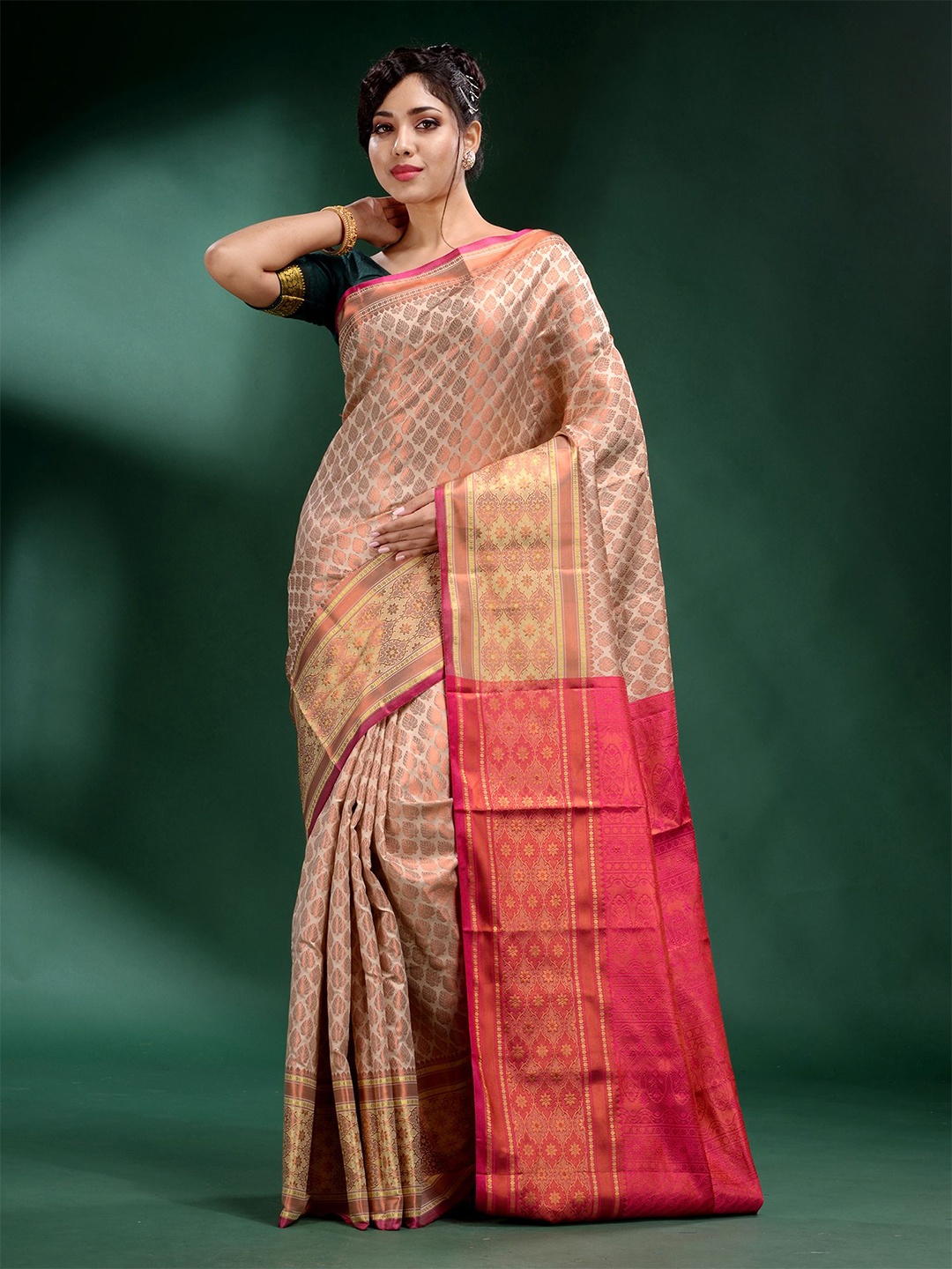 

Charukriti Grey & Red Woven Design Zari Pure Silk Saree