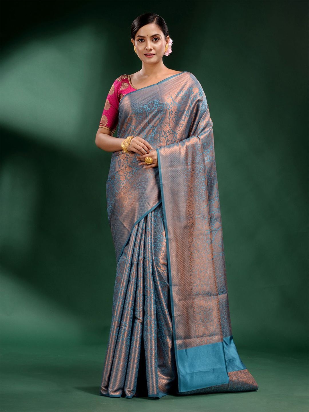 

Charukriti Blue & Copper-Toned Woven Design Zari Pure Silk Saree
