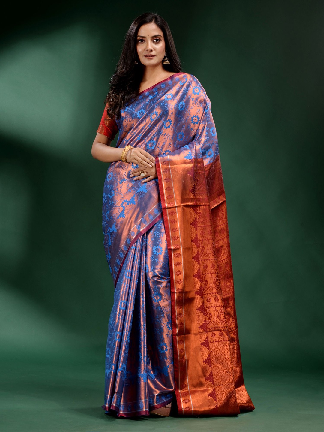 

Charukriti Blue & Red Woven Design Zari Pure Silk Saree