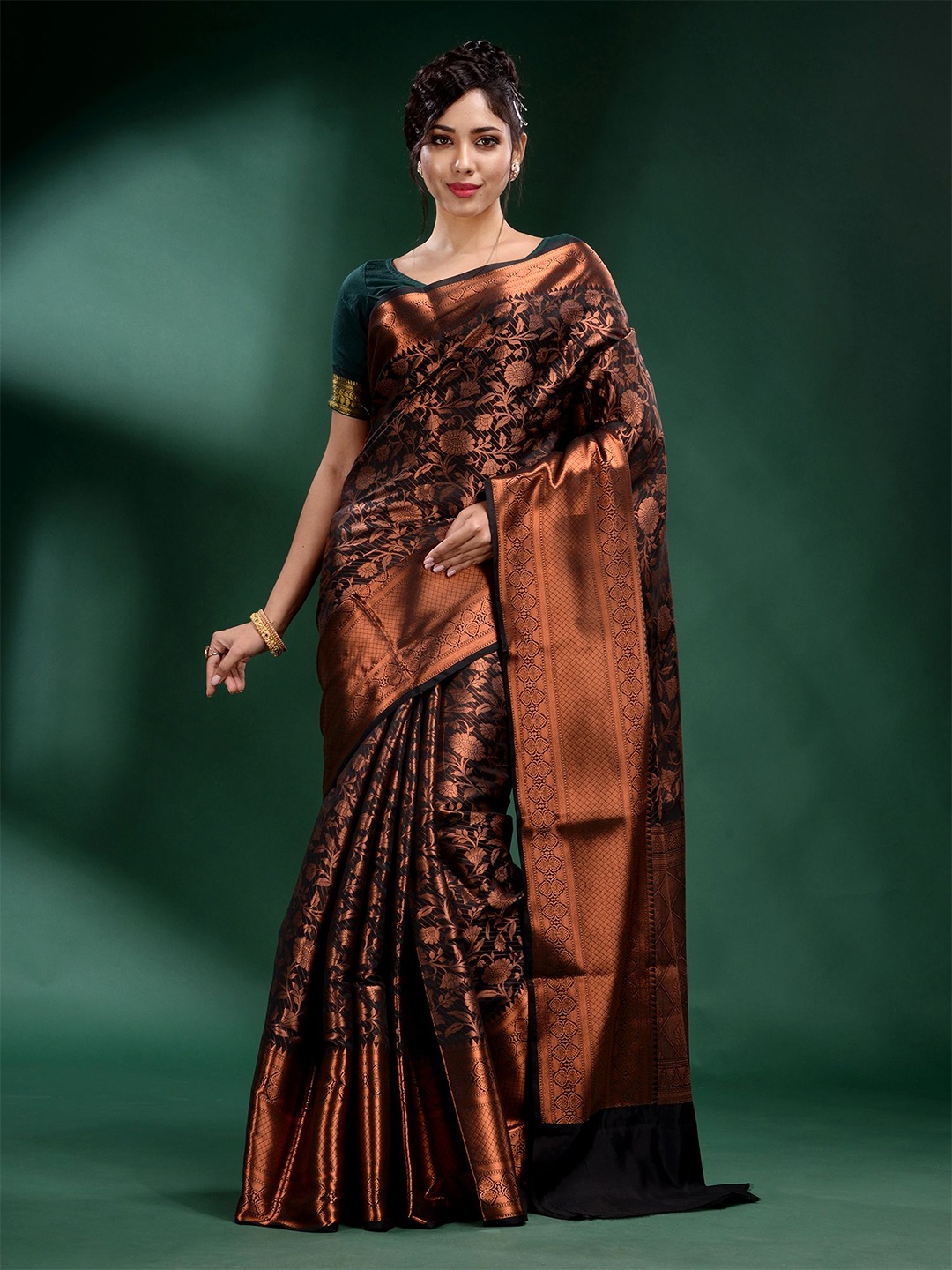 

Charukriti Black & Copper-Toned Woven Design Zari Pure Silk Saree