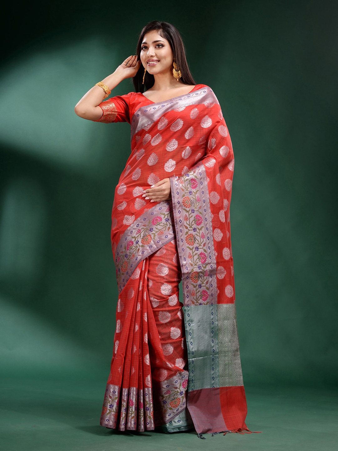 

Charukriti Red & Silver-Toned Ethnic Motifs Silk Blend Saree