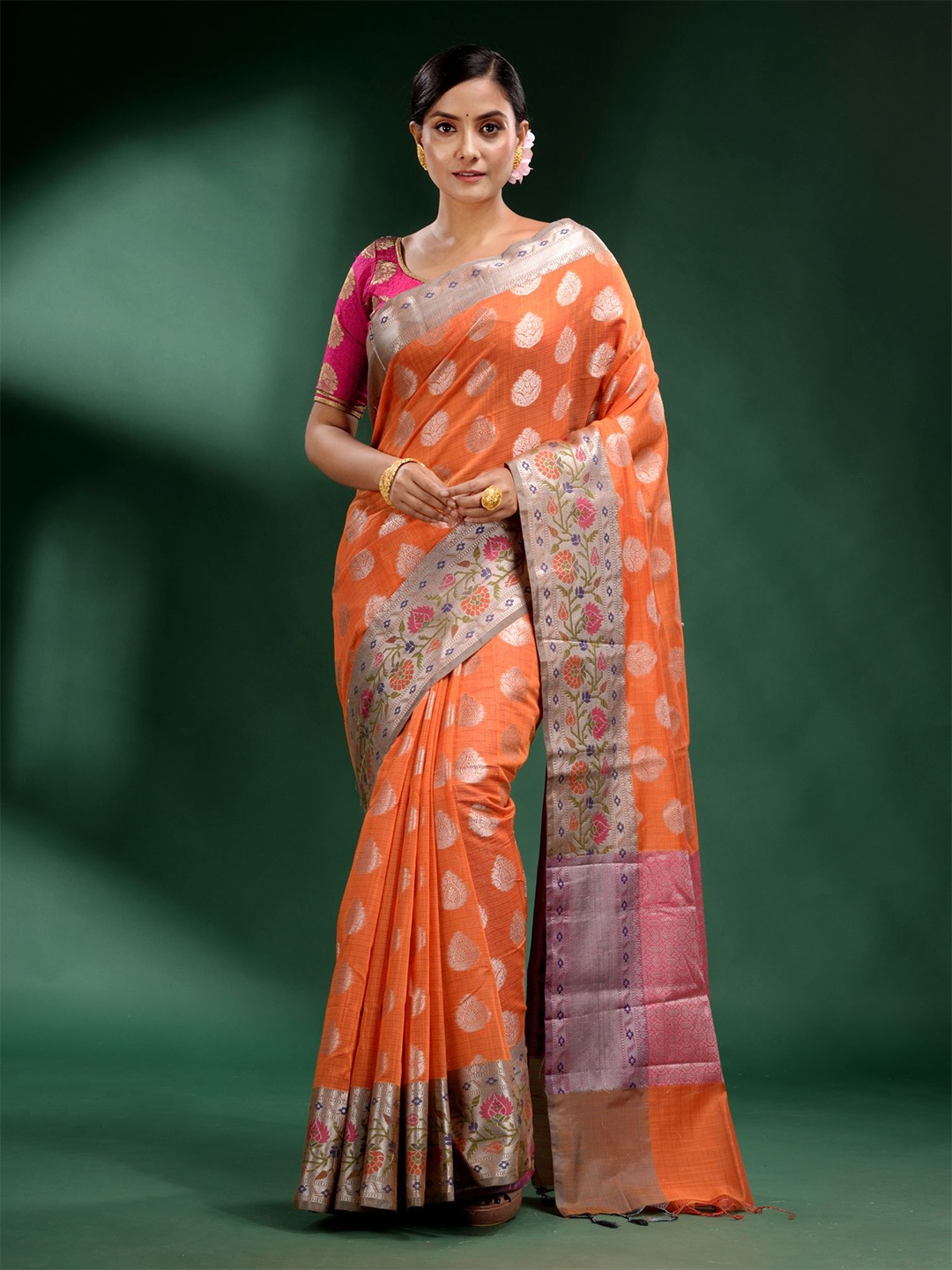

Charukriti Orange & Silver-Toned Floral Silk Blend Saree