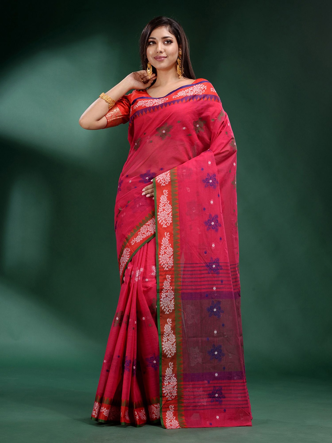 

Charukriti Red & Blue Floral Pure Cotton Saree