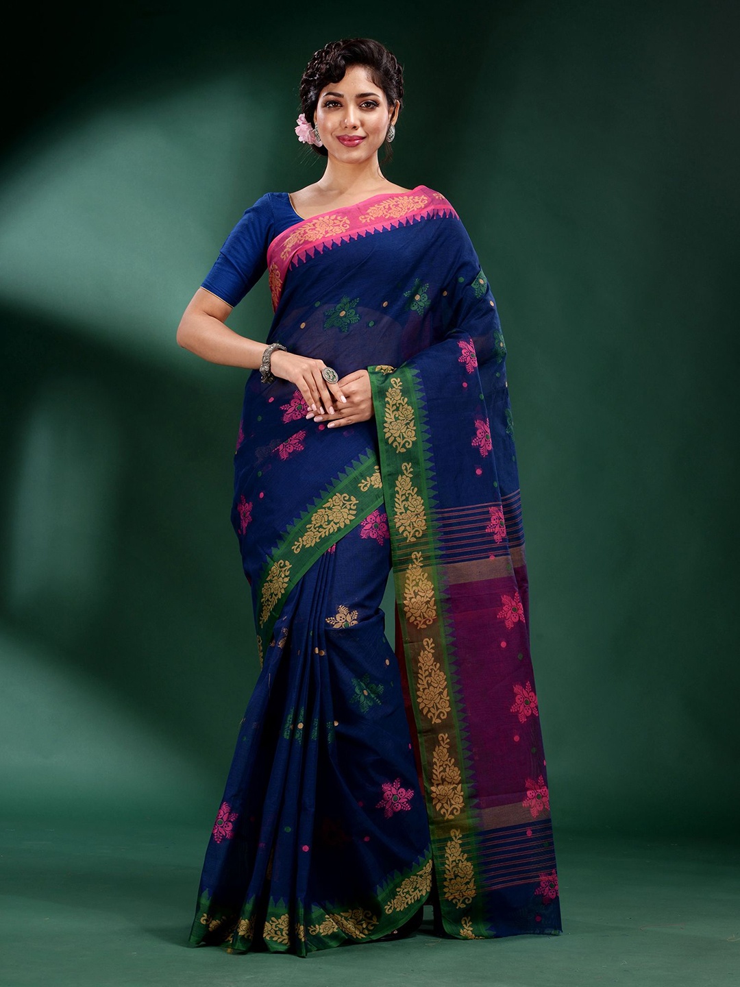 

Charukriti Blue & Pink Floral Pure Cotton Saree
