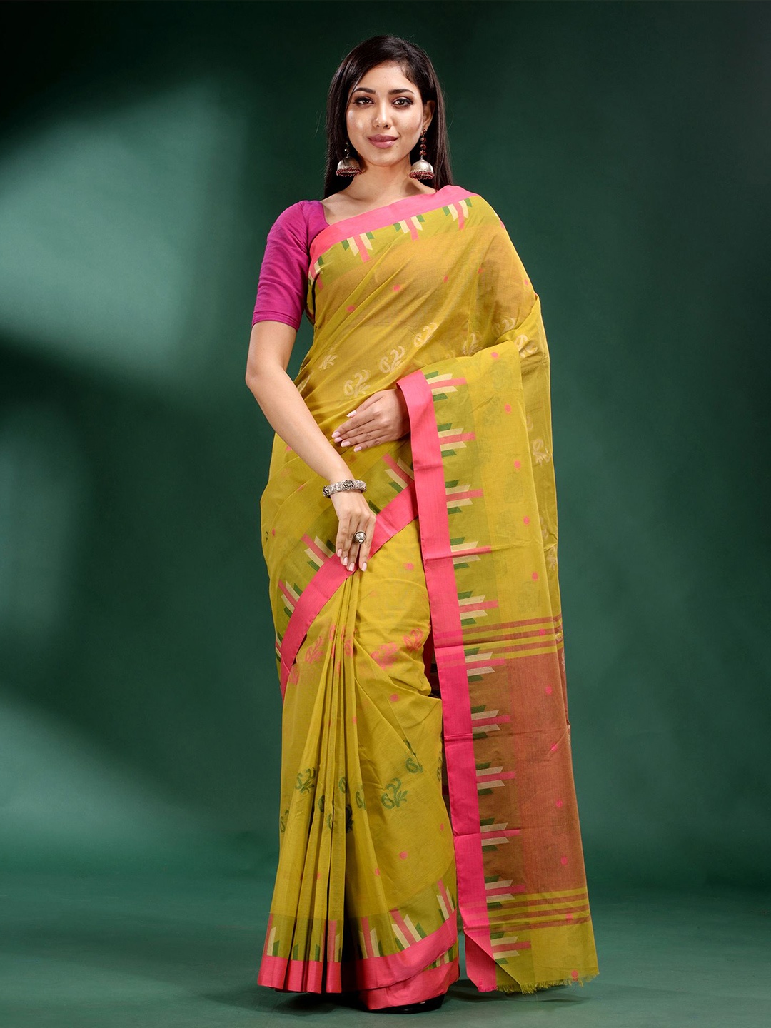 

Charukriti Yellow & Pink Ethnic Motifs Pure Cotton Saree