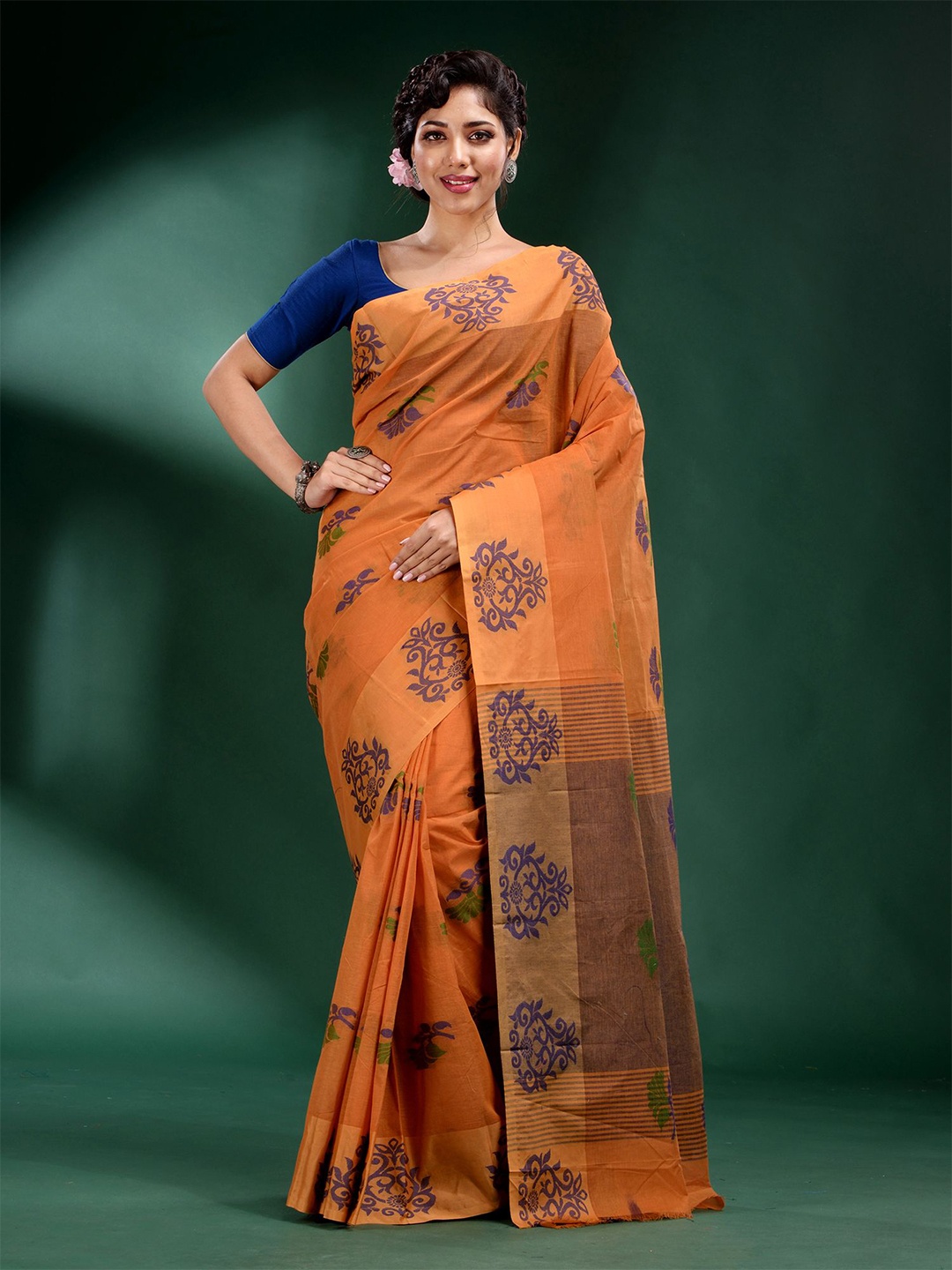 

Charukriti Orange & Blue Ethnic Motifs Pure Cotton Saree