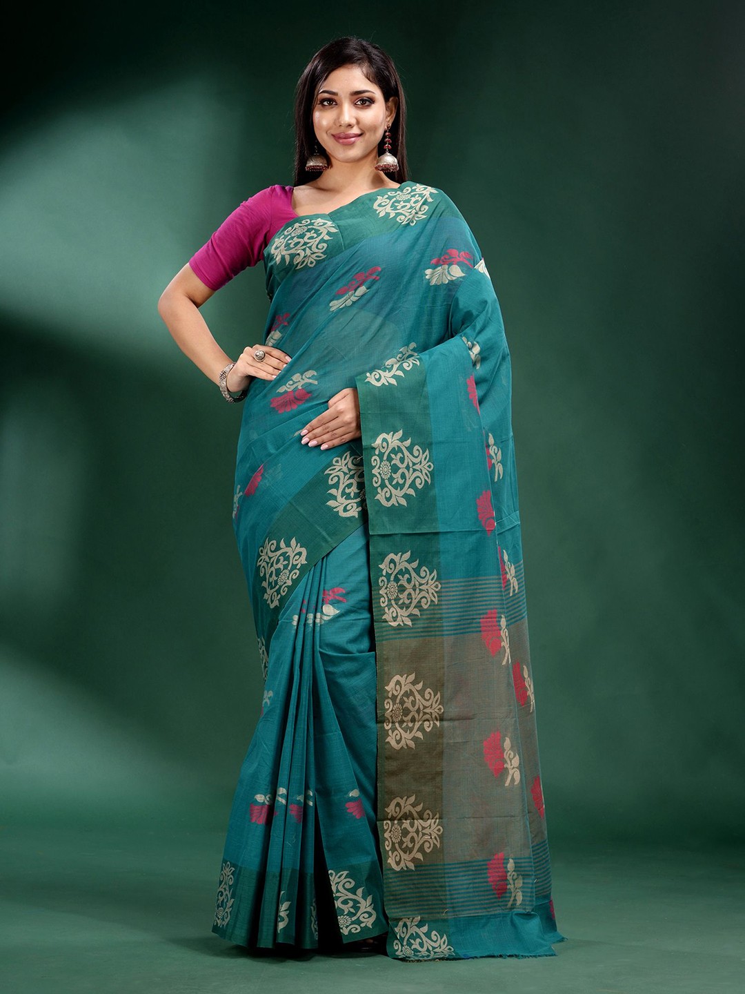 

Charukriti Green & Pink Floral Zari Pure Cotton Saree