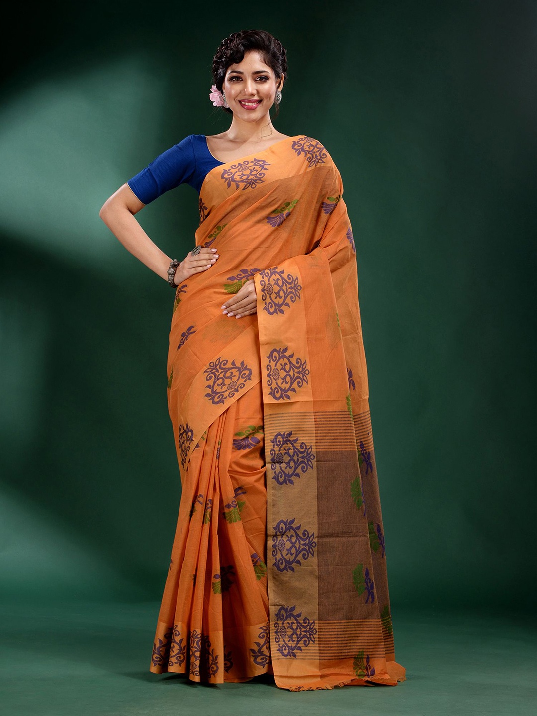 

Charukriti Orange & Violet Ethnic Motifs Pure Cotton Saree