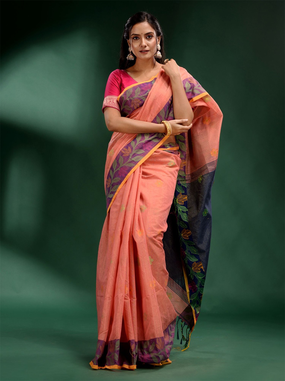 

Charukriti Peach-Coloured & Violet Floral Tissue Saree