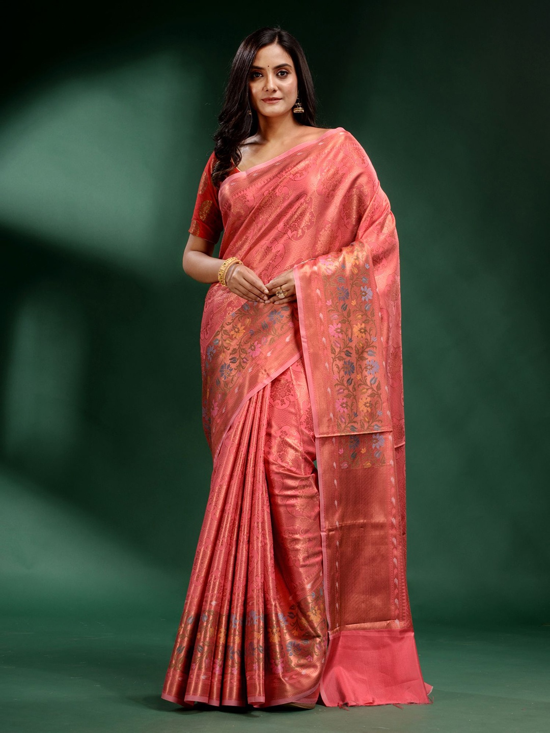 

Charukriti Pink & Gold-Toned Floral Silk Blend Saree