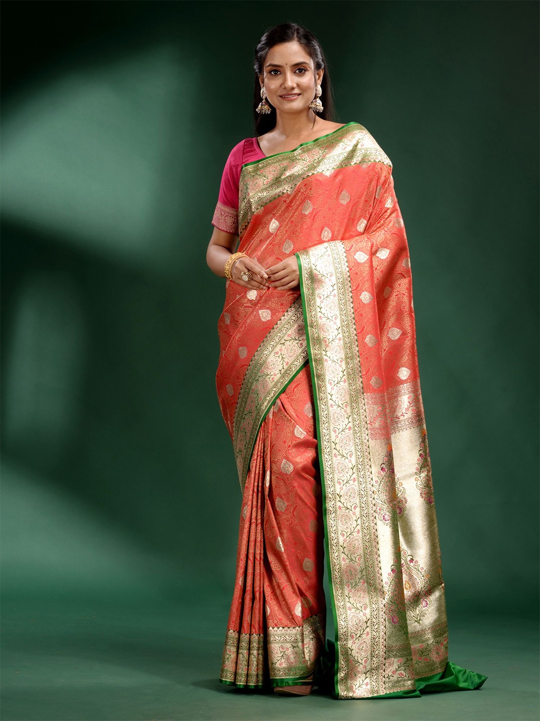 

Charukriti Red & Green Floral Pure Silk Saree