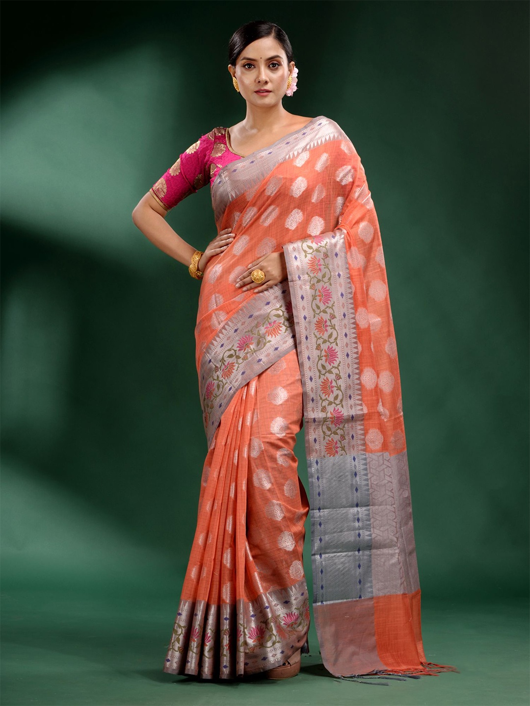 Charukriti Peach-Coloured & Grey Floral Silk Blend Saree