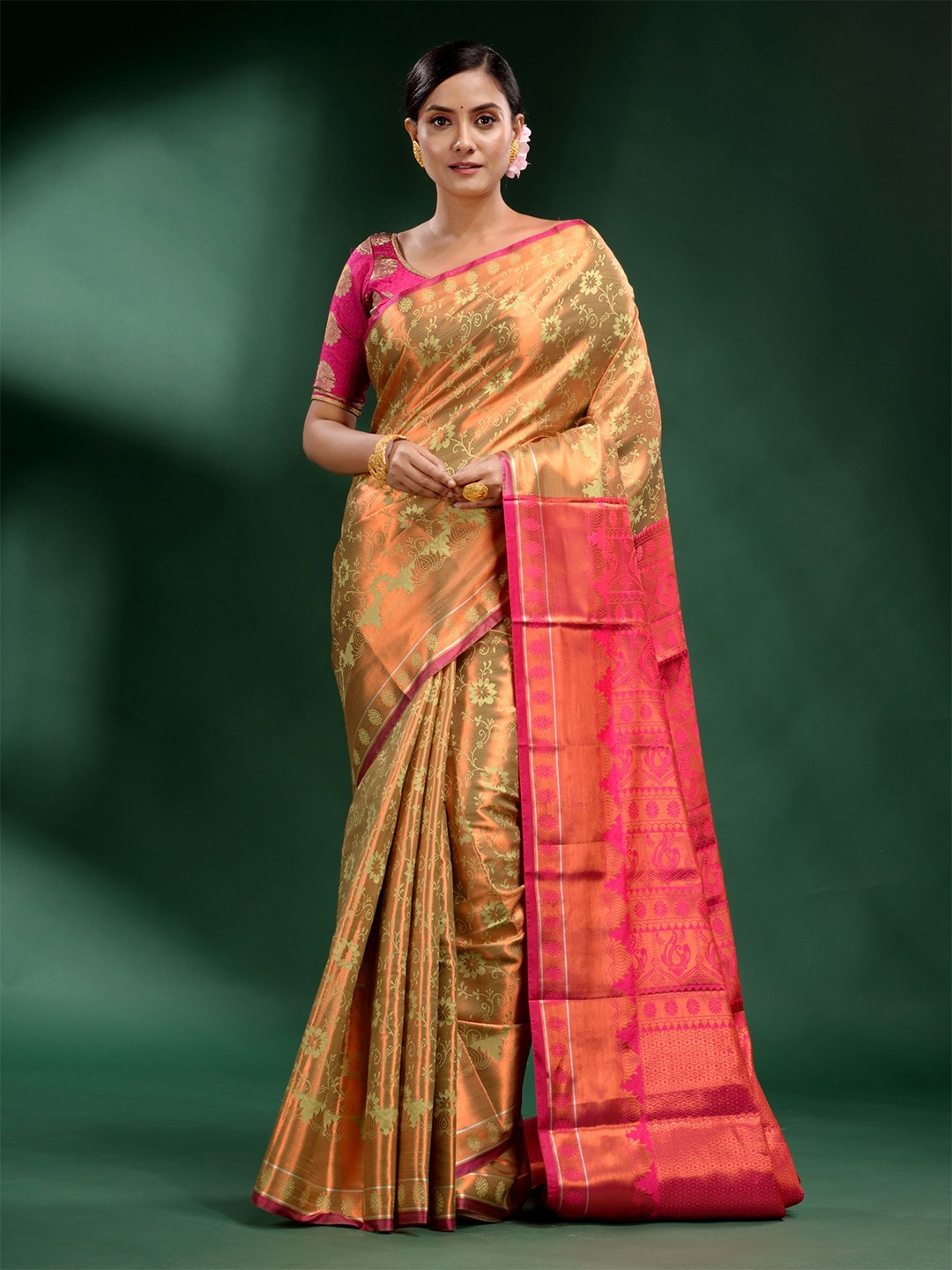 

Charukriti Green & Pink Woven Design Zari Silk Blend Saree