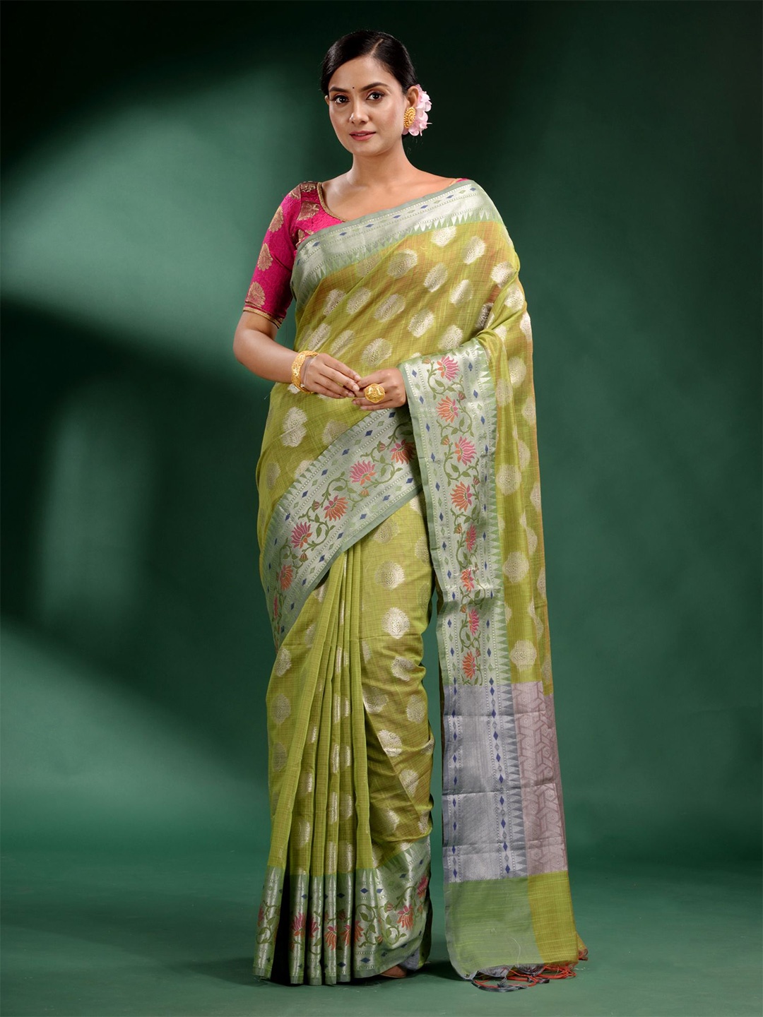 

Charukriti Green & Pink Woven Design Zari Silk Blend Saree