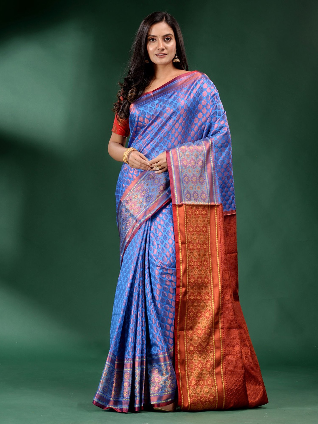 

Charukriti Blue & Red Woven Design Zari Silk Blend Saree