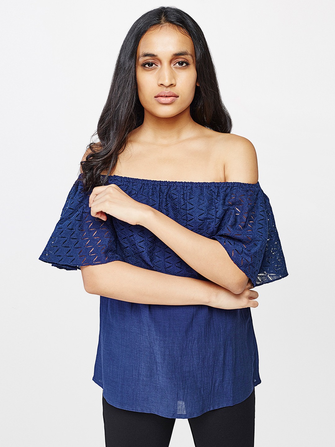 

AND Women Navy Blue Solid Bardot Pure Cotton Top
