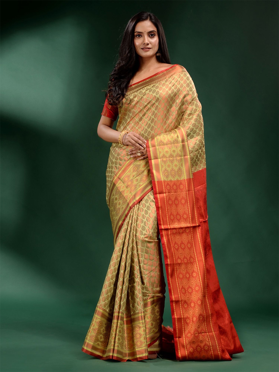 

Charukriti Green & Red Woven Design Zari Silk Blend Saree