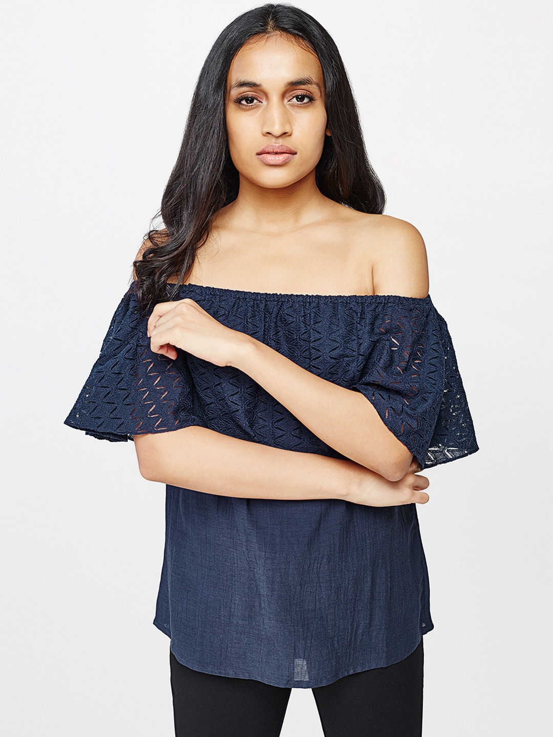 

AND Women Navy Blue Solid Bardot Top