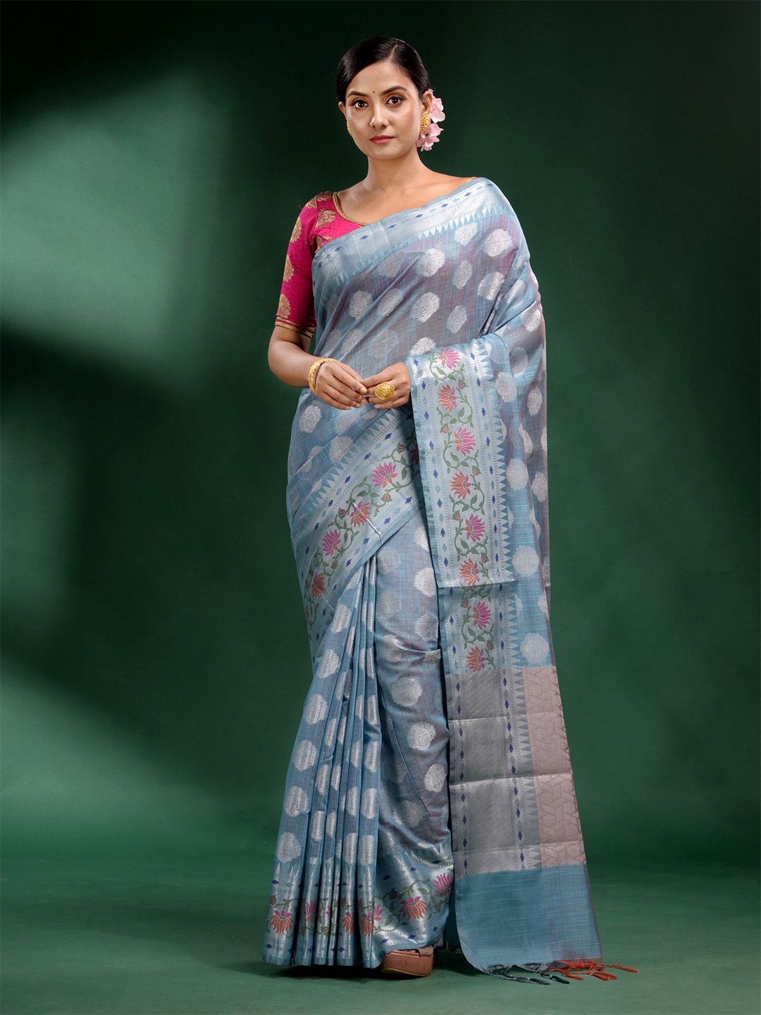 

Charukriti Blue And Pink Woven Design Zari Saree