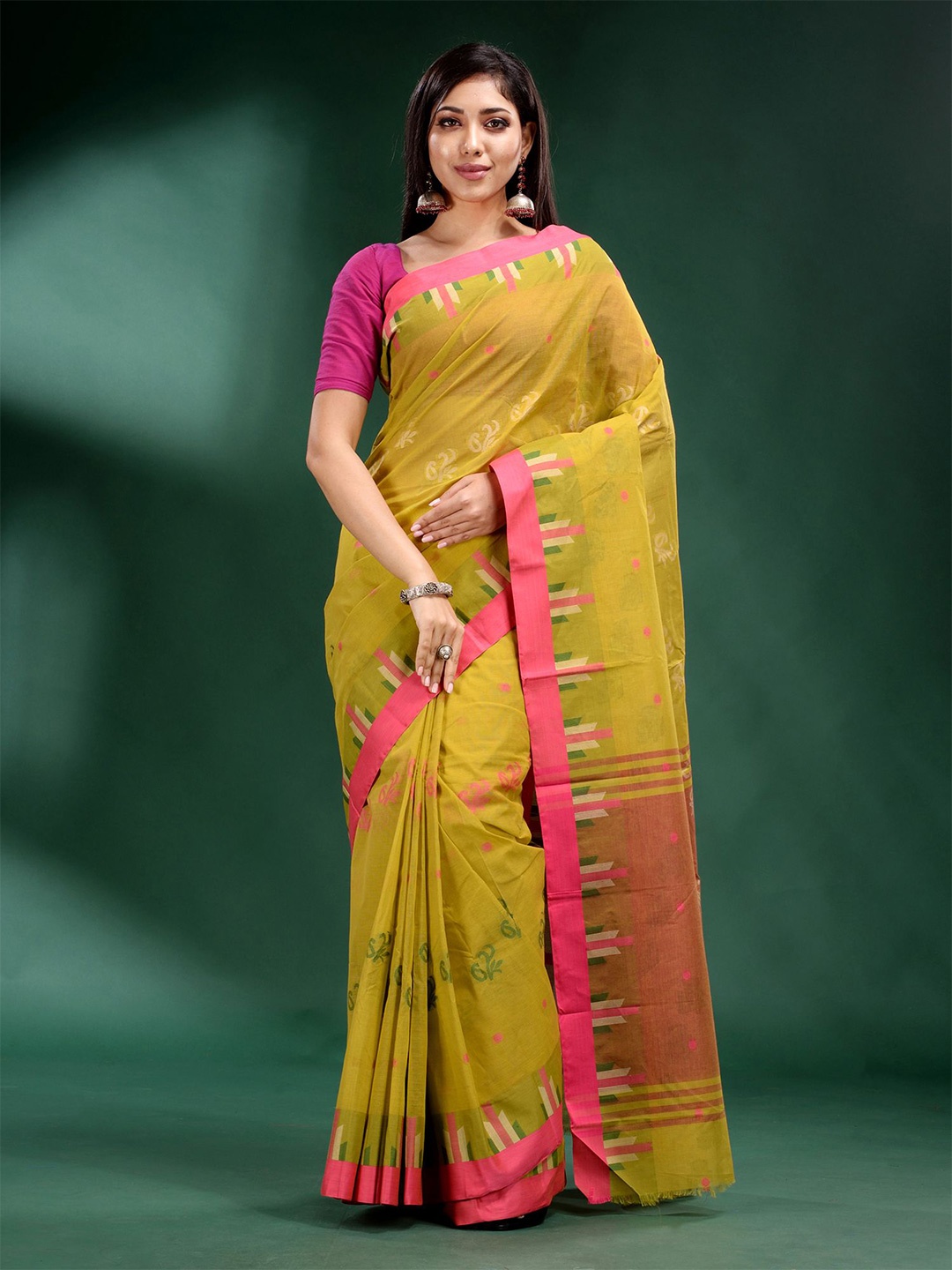 

Charukriti Green And Pink Woven Design Zari Pure Cotton Saree