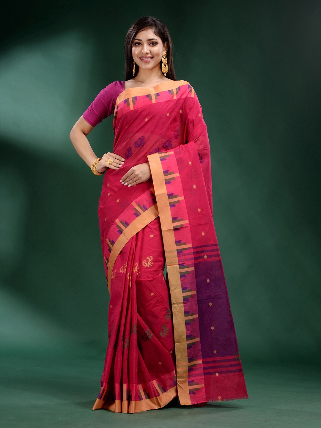 

Charukriti Fuchsia Pink And Purple Woven Design Zari Pure Cotton Saree